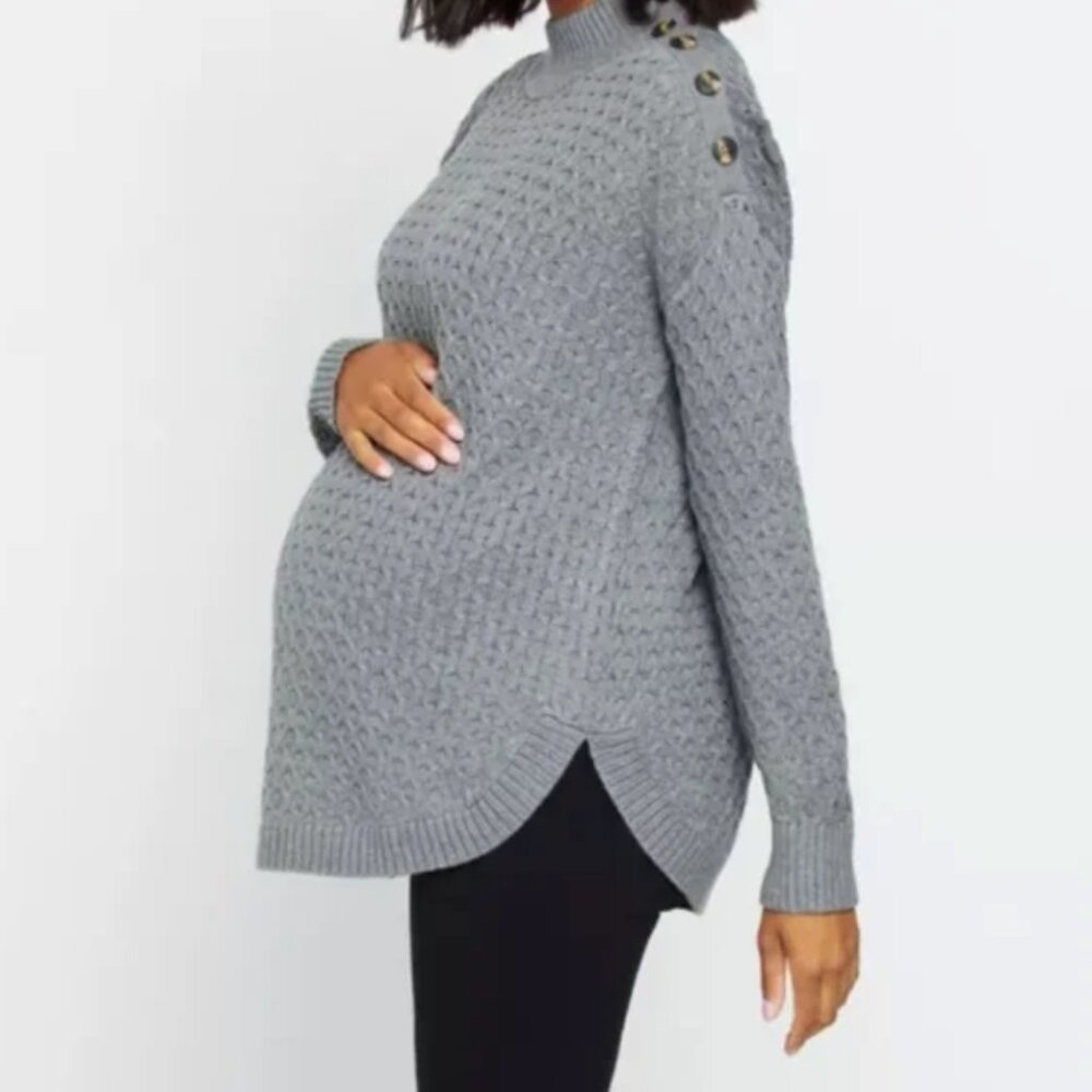 Motherhood Maternity Button Mock-Neck Maternity Sweater Gray Size, Size 2X
